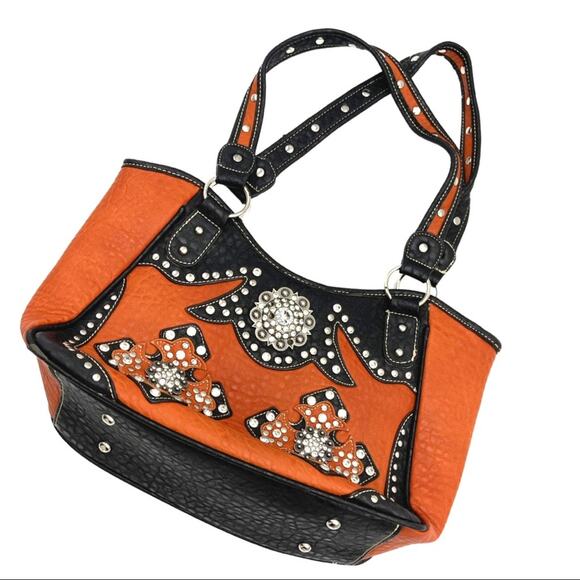 P&G Collection Western Shoulder Bag faux leather rust orange studded rhinestones - Picture 1 of 13